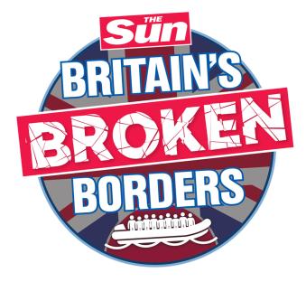 Illustration of The Sun newspaper headline: Britain's Broken Borders, with an image of a small boat carrying people.