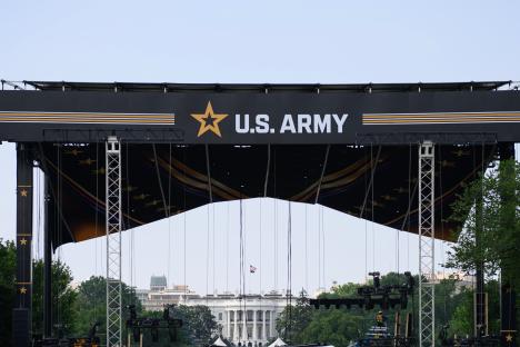 Main stage for the U.S. Army's 250th-birthday celebration parade in Washington, D.C., with the White House visible in the background.