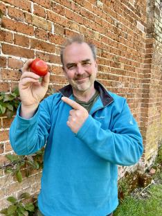 Man holding a tomato.