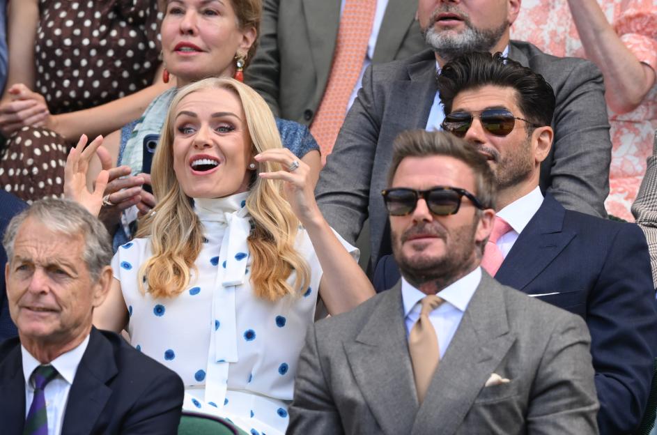 Katherine Jenkins, Andrew Levitas, and Sir David Beckham react at the 2026 Wimbledon Tennis Championships.