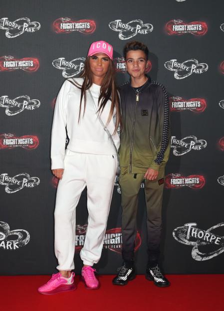 Katie Price and son Junior posing at the launch of Thorpe Park's Fright Nights.