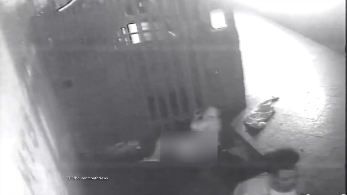 Security camera footage of a man punching a woman, who then falls to the ground.