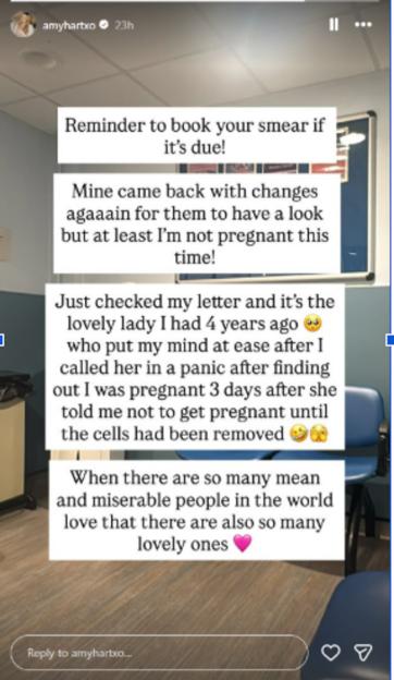 Amy Hart's Instagram story about her health scare after tests.