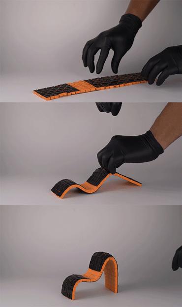 Collage of hands in black gloves manipulating a flat orange and black striped surface into a curved, chair-like shape.