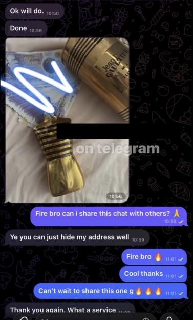 Screenshot of a Telegram conversation showing images of fake money and a Jean Paul Gaultier perfume bottle, with text discussing sharing the chat.