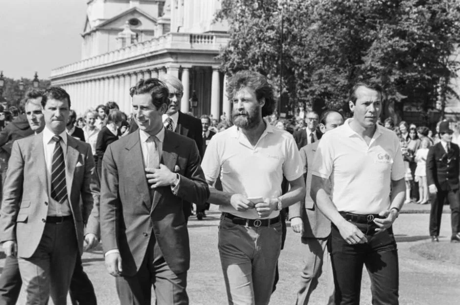 Prince Charles with members of the Transglobe expedition Ranulph Fiennes and Charles Burton.