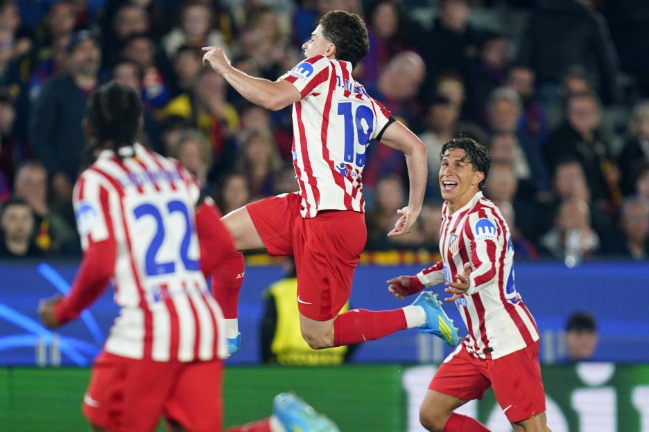 Julian Alvarez of Atletico Madrid celebrates a goal.