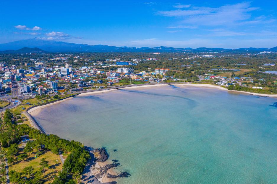 Aerial view of beaches at Pyoseon village at Jeju island, Republic of Korea.