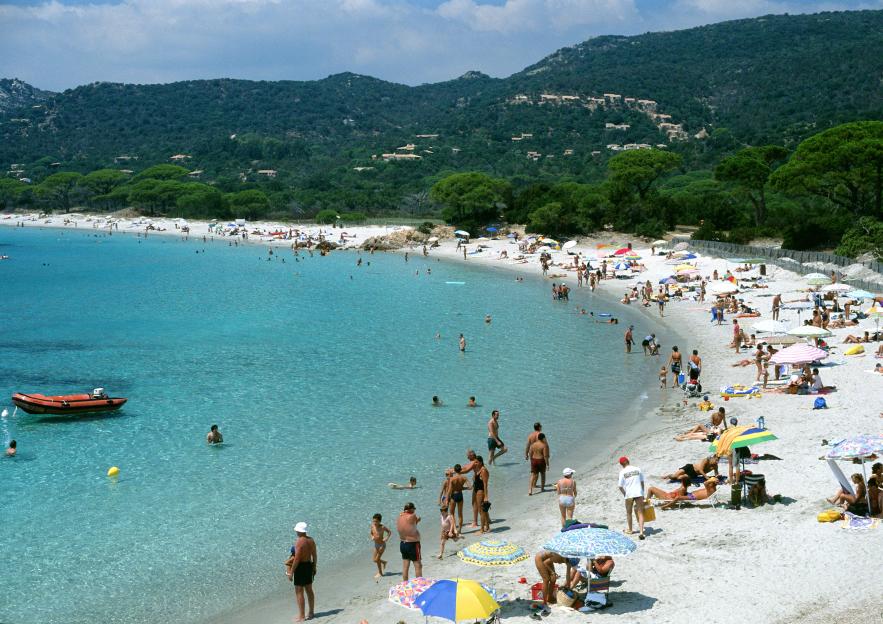 France, Corsica, crowded beach, high angle view