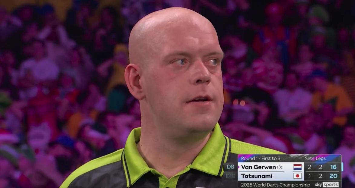 Darts player Michael van Gerwen during a match against Tatsunami at the 2026 World Darts Championship.