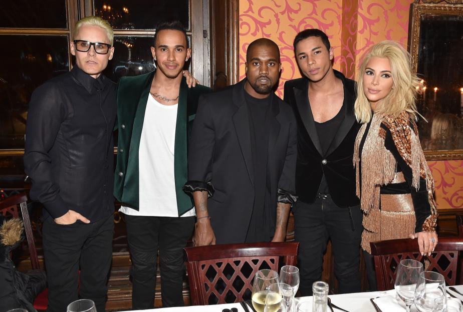 Jared Leto, Lewis Hamilton, Kanye West, Olivier Rousteing, and Kim Kardashian attend the Balmain Aftershow Dinner.
