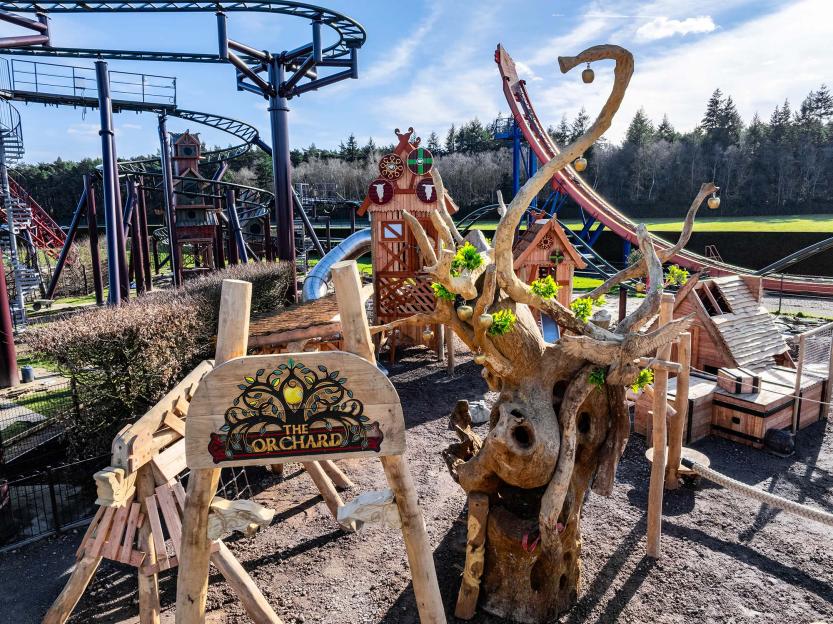 Valgard: Realm of the Vikings at Paultons Park, showing multiple Viking-themed play structures and roller coaster tracks.
