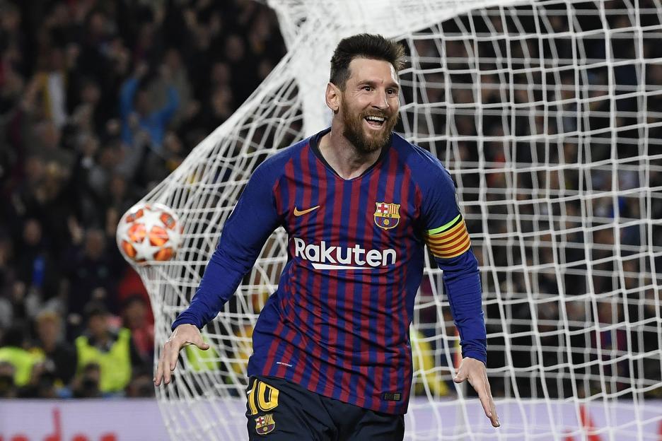 Lionel Messi celebrating after scoring a goal.
