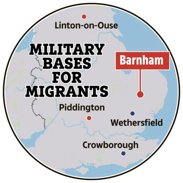 Illustration of a map of England showing military bases proposed for migrants, including Linton-on-Ouse, Piddington, Barnham, Wethersfield, and Crowborough.