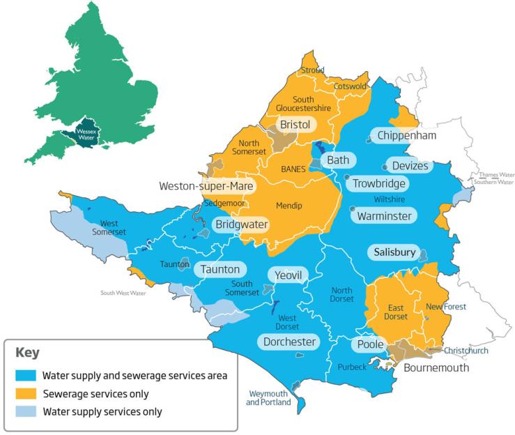 Illustration of a map of the Wessex Water region in Southwest England, showing areas of water supply, sewerage, and combined services.