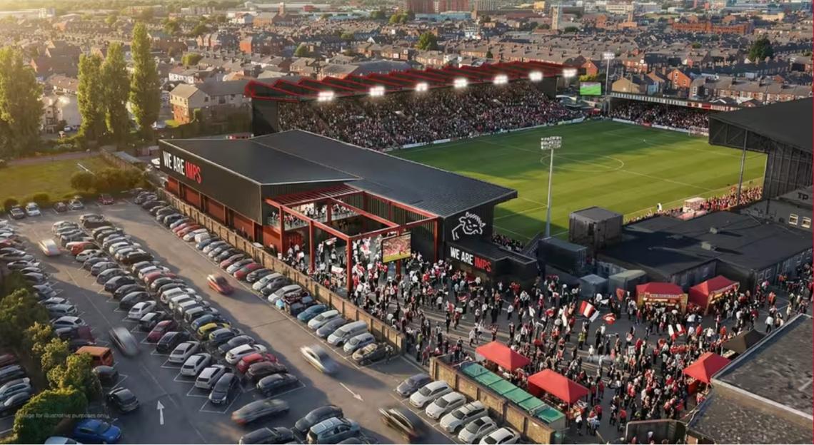 Illustration of Lincoln City FC stadium with full stands and surrounding street activity.