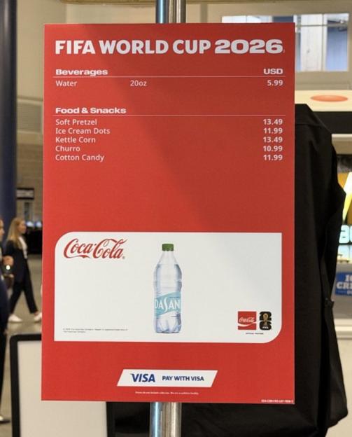FIFA World Cup 2026 concession menu listing prices for beverages and snacks.