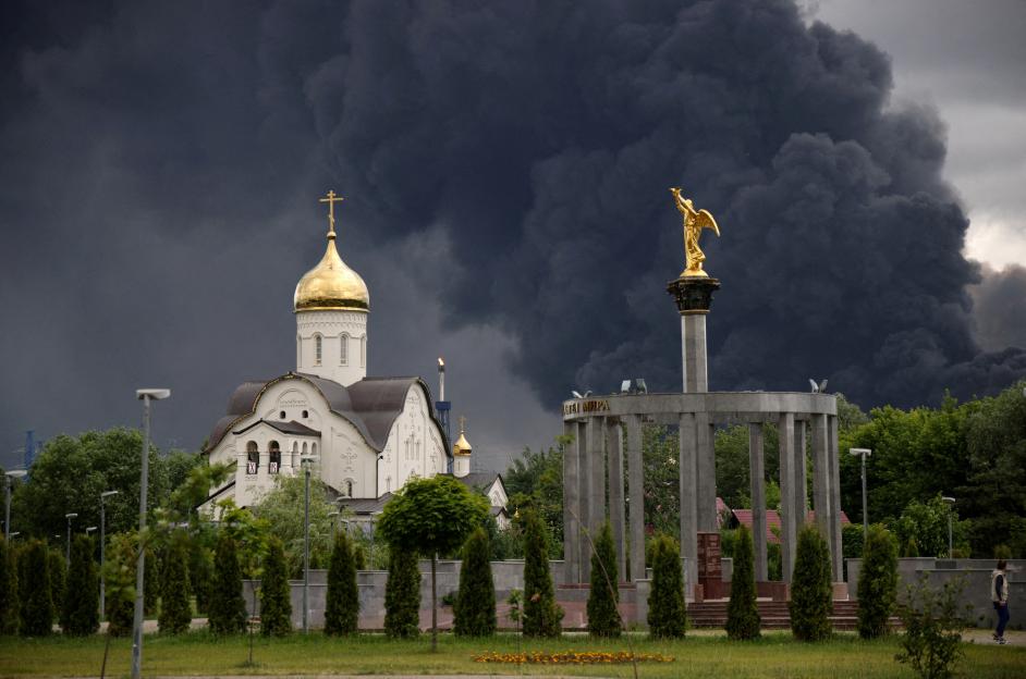 : Smoke rises from an oil refinery following a Ukrainian drone attack in Moscow