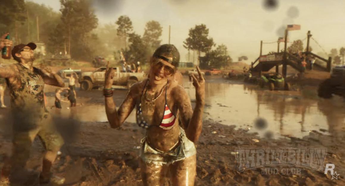 Video grab of the "Grand Theft Auto 6" trailer, showing a mud-covered woman in a bikini and shorts, making a hand gesture, with a man next to her holding a bottle.
