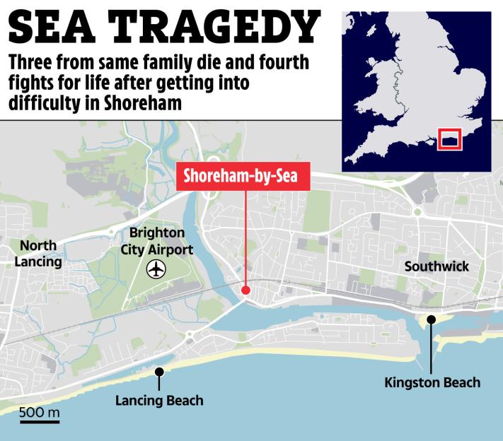 Map showing the location of Shoreham-by-Sea in England, near Brighton City Airport and Lancing Beach.