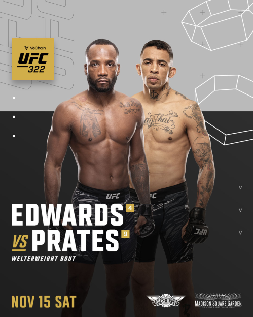 UFC 322 fight poster featuring Leon Edwards vs. Prates, a welterweight bout on November 15.