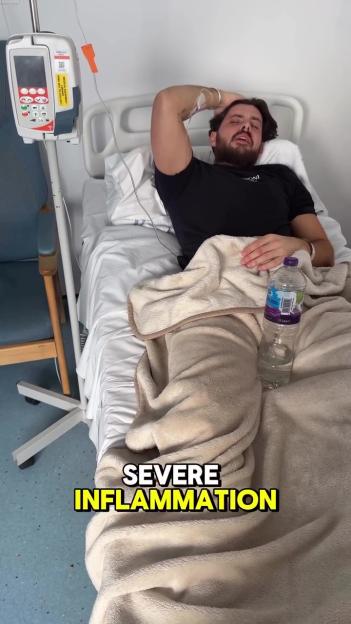 Jordan Brooks with an IV drip in a hospital bed, captioned "Severe Inflammation".