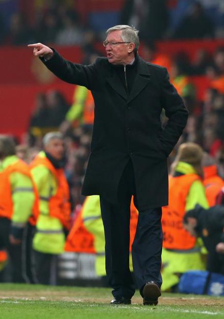 Manager Sir Alex Ferguson giving instructions during the Manchester United v Real Madrid UEFA Champions League match.