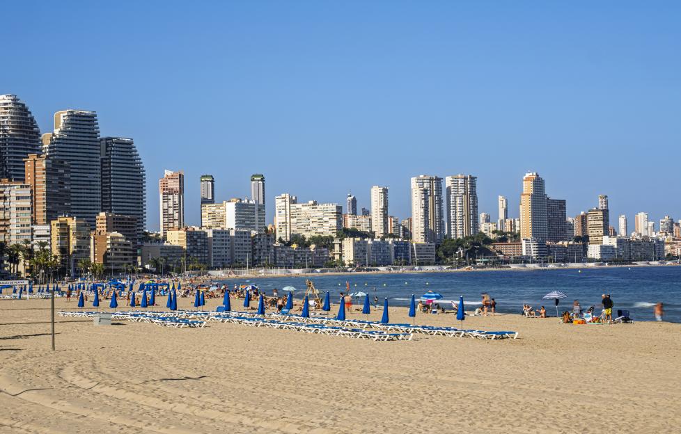 Poniente Beach in the city of Benidorm on the shores of the Mediterranean Sea in Spain.