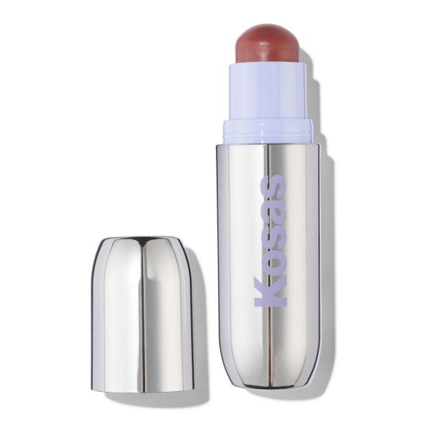 Kosas blush stick in a metallic silver tube with the brand name in lavender.