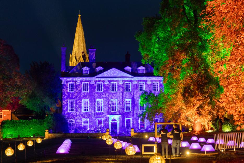 Welford Park, home of The Great British Bake Off, illuminated at night.