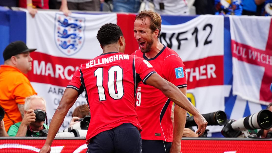 England's Harry Kane celebrating a goal with Jude Bellingham during the FIFA World Cup Group L match.