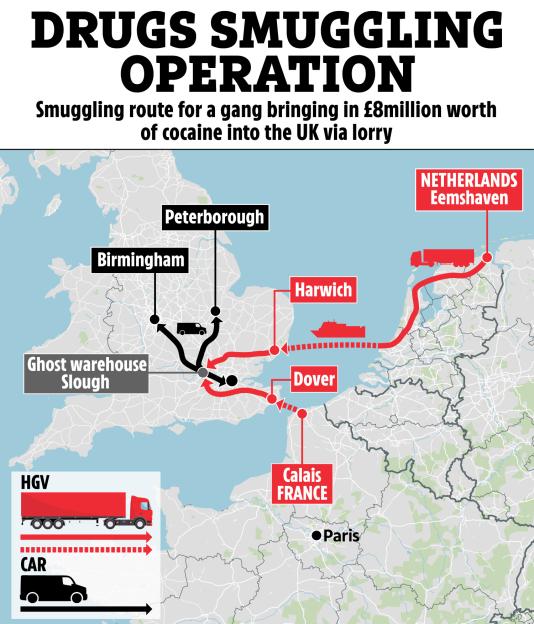 Illustration of a drug smuggling operation map showing the route from Eemshaven, Netherlands, to Calais, France, and then into the UK.