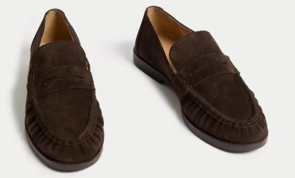 Pair of dark brown suede loafers.