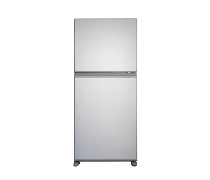 Gray refrigerator and freezer combination unit.