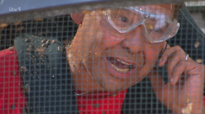 A man covered in bugs and dirt, wearing safety goggles, looks out through a wire mesh.