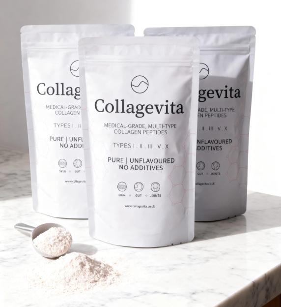 Three pouches of Collagvita collagen peptides powder on a white marble surface, with a scoop and a pile of the powder beside them.