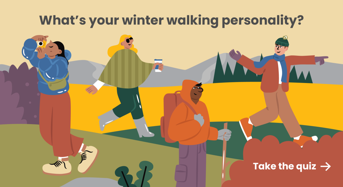 Illustration of four people walking outdoors, dressed in winter gear.