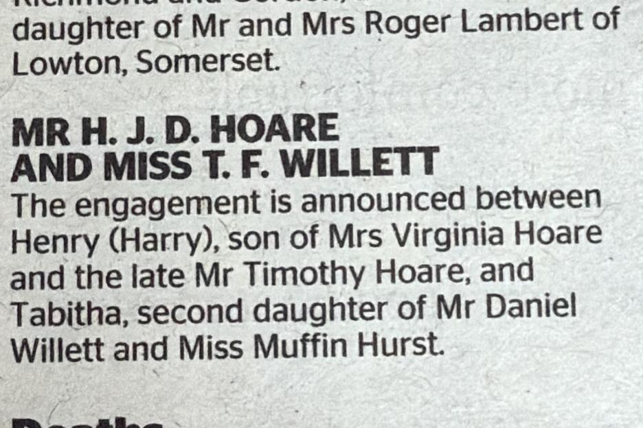 Newspaper announcement of the engagement between Mr. H. J. D. Hoare and Miss T. F. Willett.