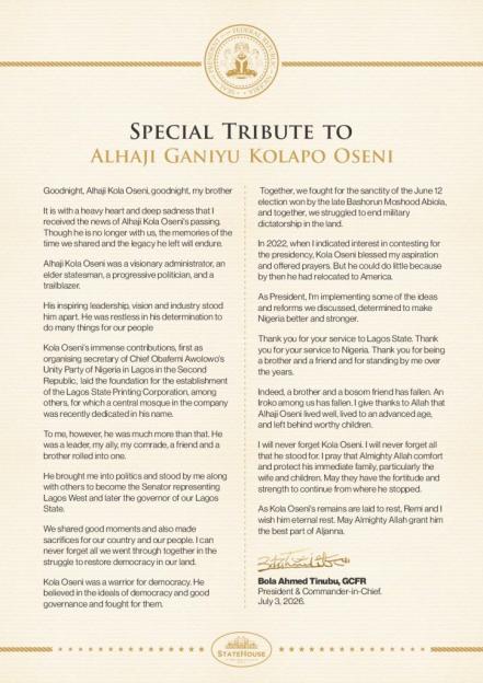 Tinubu Pays Tribute to Kola Oseni: A True Champion of Democracy
