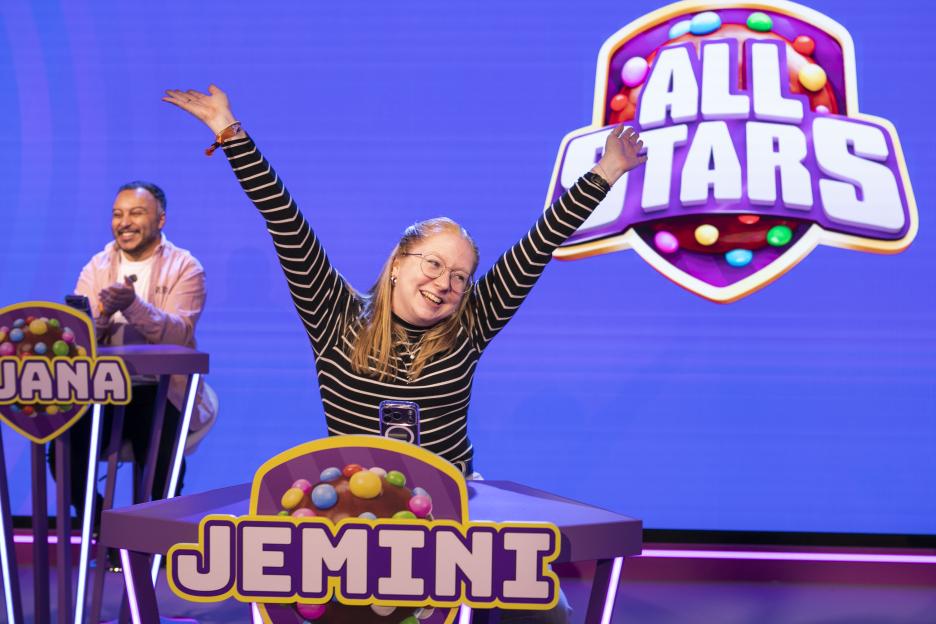 THEA JACOBS celebrating at the London Candy Crush All Stars competition.