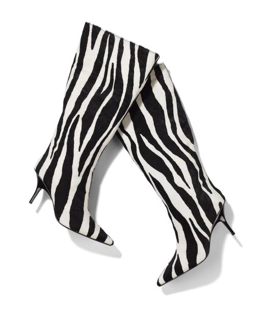 Pair of high-heeled zebra print boots.