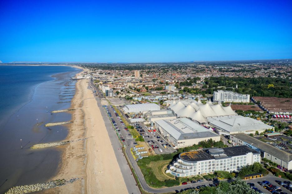 Aerial view of Butlins Bognor Regis Resort and the coastline to Bognor Regis, West Sussex, England.