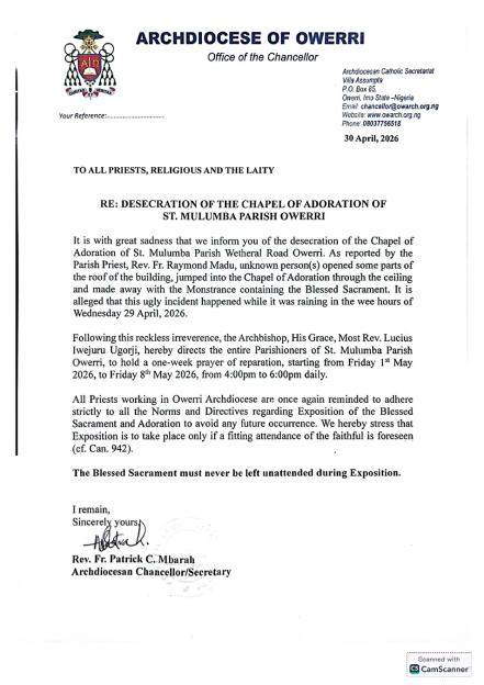 Thieves Ransack Catholic Chapel in Owerri, Steal Blessed Sacrament