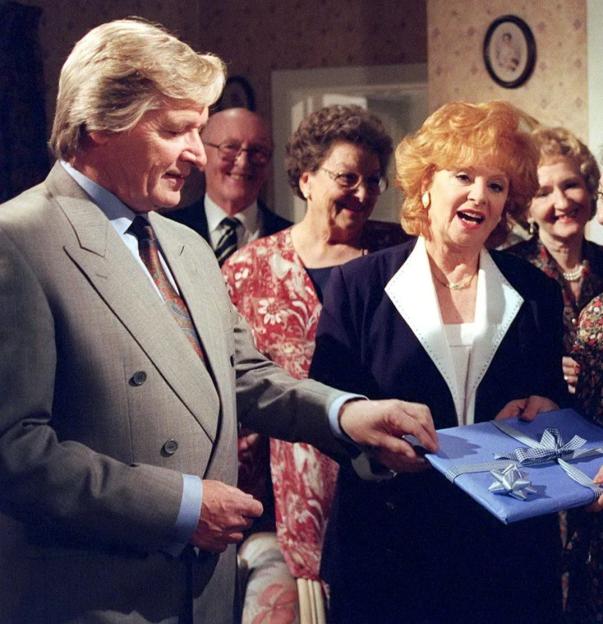 Ken Barlow, Rita Sullivan, Mavis Wilton, Deirdre Barlow, and Audrey Roberts at Mavis' leaving do.