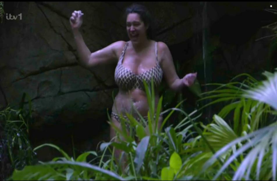 Kelly Brook in a leopard print bikini on the set of I'm a Celeb.
