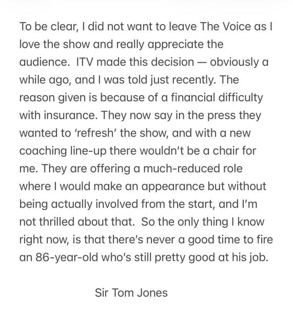 Sir Tom Jones's statement on his firing from The Voice.
