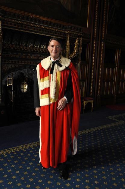 Peter Mandelson in robes in the Queen's Robing Room for his introduction to the House of Lords as Lord Mandelson.