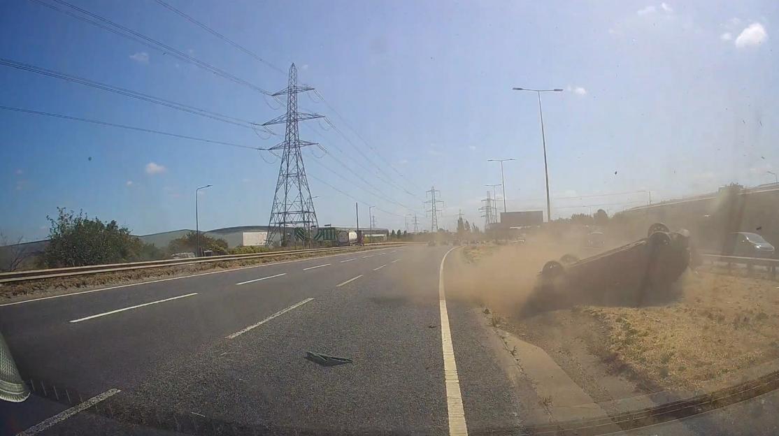 Car rolls onto roof after two vehicles collide on A13 - leaving three hospitalised