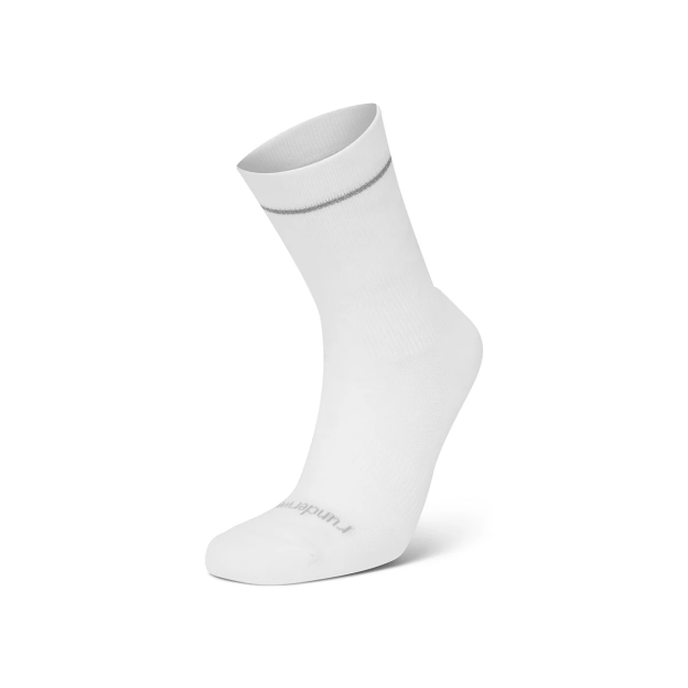 White sock with a gray stripe near the cuff.