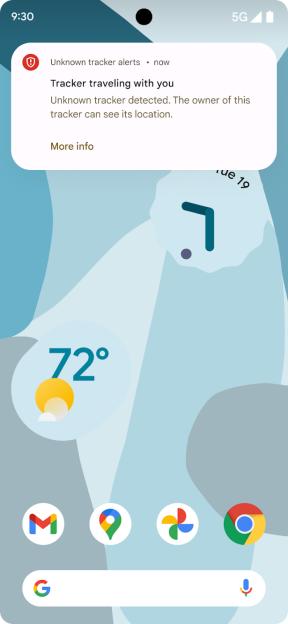 A mobile phone screen displays an "Unknown tracker detected" alert.